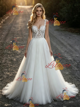 White Tulle Lace Straps Wedding Dress
