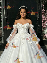 White Tulle Long Sleeve Flower Quinceanera Dress