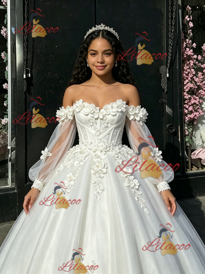 White Tulle Long Sleeve Flower Quinceanera Dress