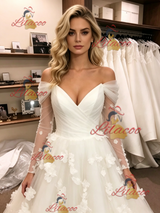 White Tulle Long Sleeve Flower Wedding Dress