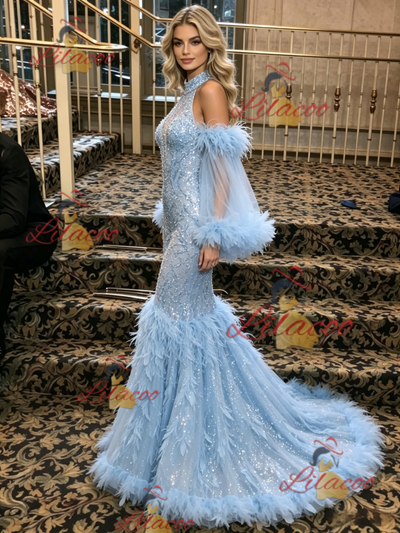 Blue Mermaid Sequins Halter Prom Dress