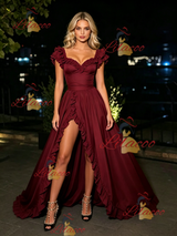 Burgundy Straps Split Prom Dress