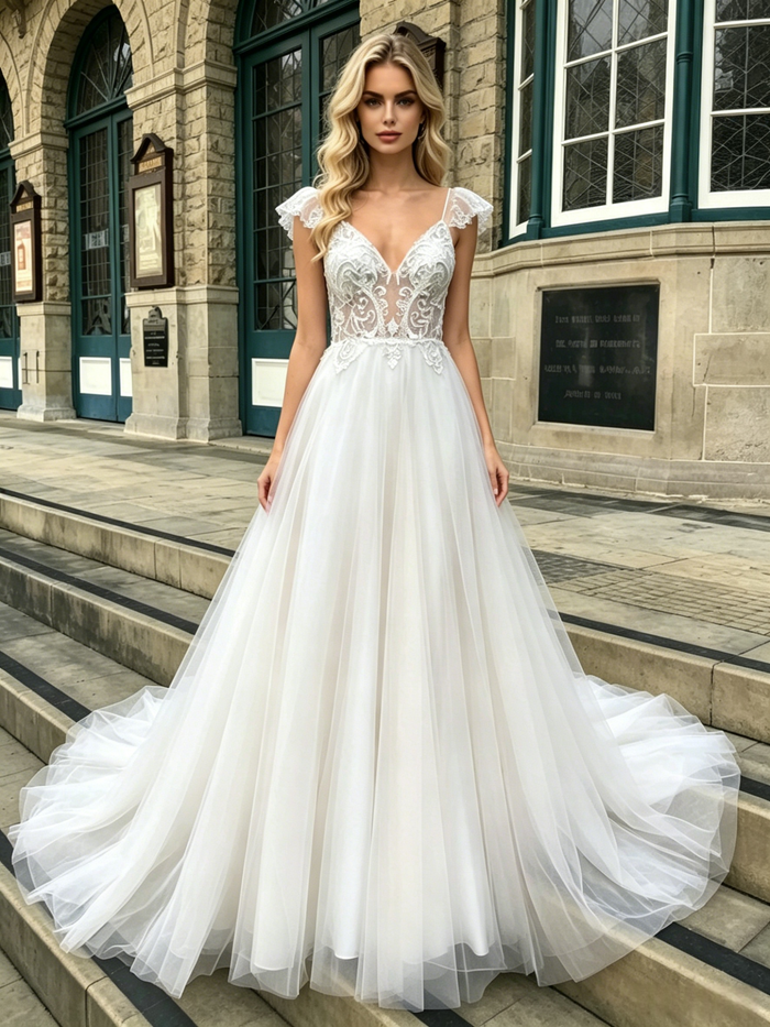 White Tulle Straps Lace Wedding Dress