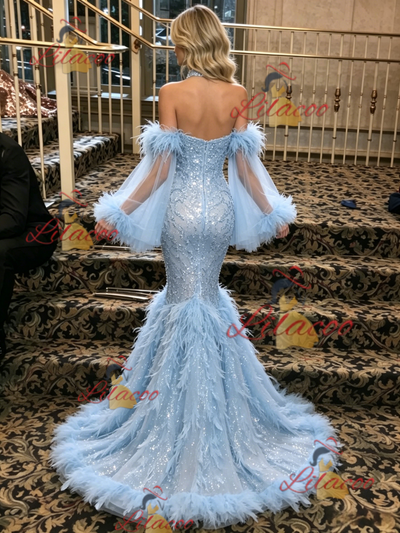 Blue Mermaid Sequins Halter Prom Dress