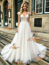 White Tulle Straps Lace Wedding Dress