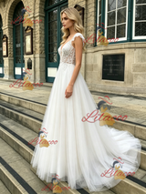 White Tulle Straps Lace Wedding Dress