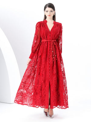 V-neck Lace Single-breasted Long Dress