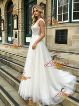 White Tulle Straps Lace Wedding Dress