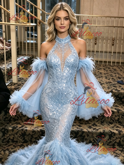 Blue Mermaid Sequins Halter Prom Dress