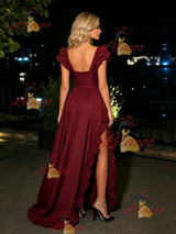 Burgundy Straps Split Prom Dress