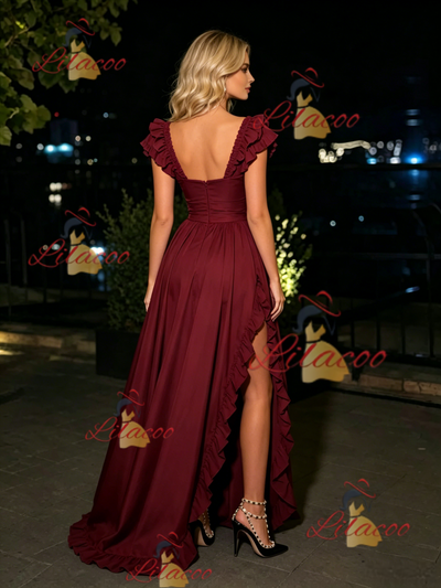 Burgundy Straps Split Prom Dress