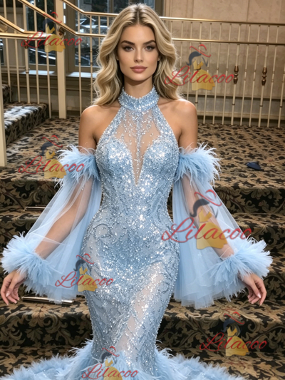 Blue Mermaid Sequins Halter Prom Dress