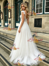 White Tulle Straps Lace Wedding Dress