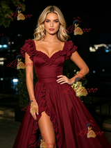 Burgundy Straps Split Prom Dress
