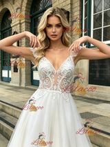 White Tulle Straps Lace Wedding Dress