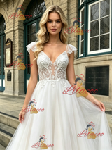 White Tulle Straps Lace Wedding Dress
