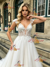 White Tulle Straps Lace Wedding Dress