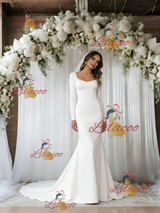 White Mermaid Long Sleeve Square Neck Wedding Dress