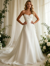 White Tulle Strapless Pleats Wedidng Dress