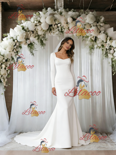 White Mermaid Long Sleeve Square Neck Wedding Dress