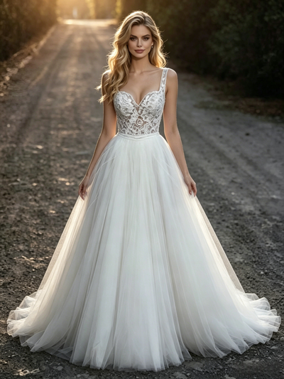 White Tulle Lace Straps Wedding Dress