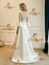 Ivory Satin Short Sleeve Lace Appliques Wedding Dress