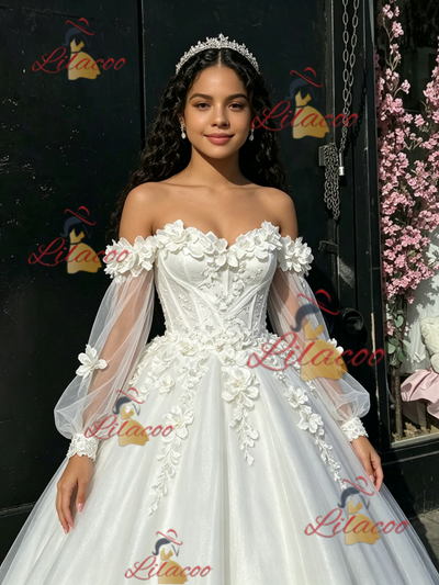White Tulle Long Sleeve Flower Quinceanera Dress
