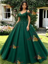 Green Tulle Off the Shoulder Appliques Quinceanera Dress