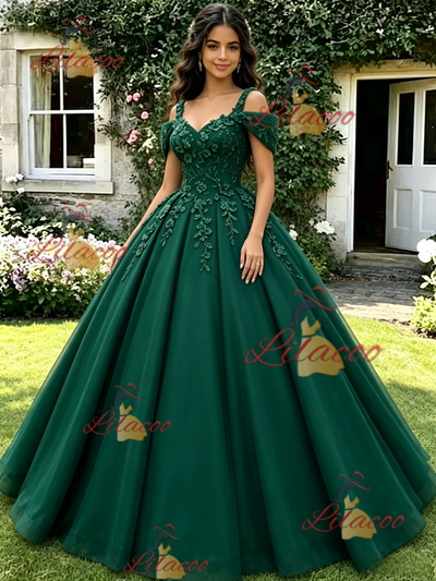 Green Tulle Off the Shoulder Appliques Quinceanera Dress