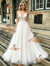White Tulle Lace Spaghetti Straps Wedding Dress
