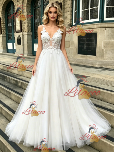 White Tulle Lace Spaghetti Straps Wedding Dress