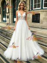 White Tulle Lace Spaghetti Straps Wedding Dress
