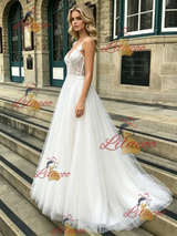 White Tulle Lace Spaghetti Straps Wedding Dress