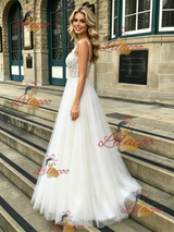 White Tulle Lace Spaghetti Straps Wedding Dress