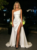 White Satin Strapless Split Prom Dress