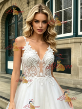 White Tulle Lace Spaghetti Straps Wedding Dress