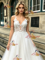 White Tulle Lace Spaghetti Straps Wedding Dress