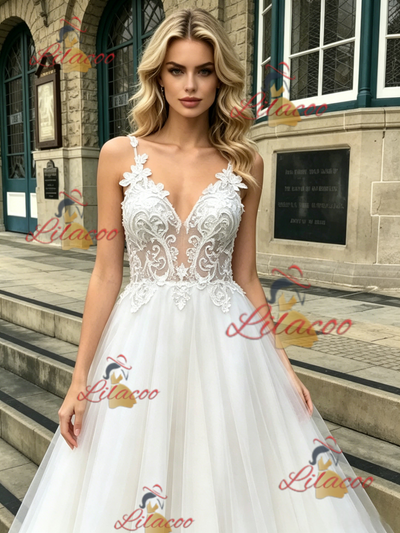 White Tulle Lace Spaghetti Straps Wedding Dress