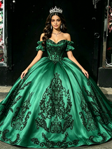 Green Satin Appliques Off the Shoulder Quinceanera Dress