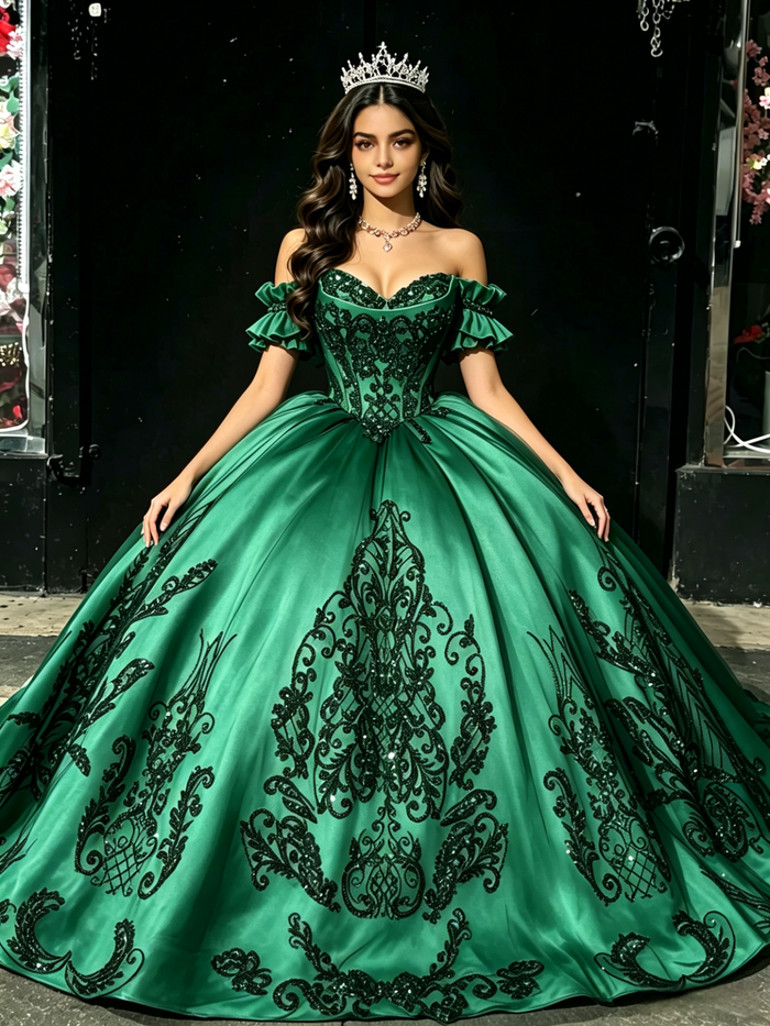 Green Satin Appliques Off the Shoulder Quinceanera Dress