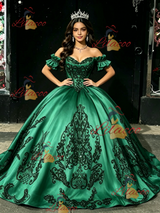 Green Satin Appliques Off the Shoulder Quinceanera Dress