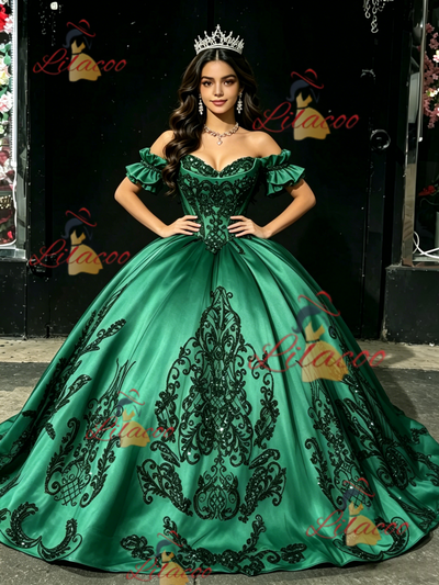 Green Satin Appliques Off the Shoulder Quinceanera Dress