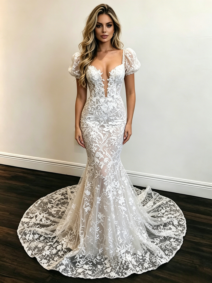 White Mermaid Lace Puff Sleeve Wedding Dress