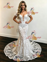 White Mermaid Lace Puff Sleeve Wedding Dress