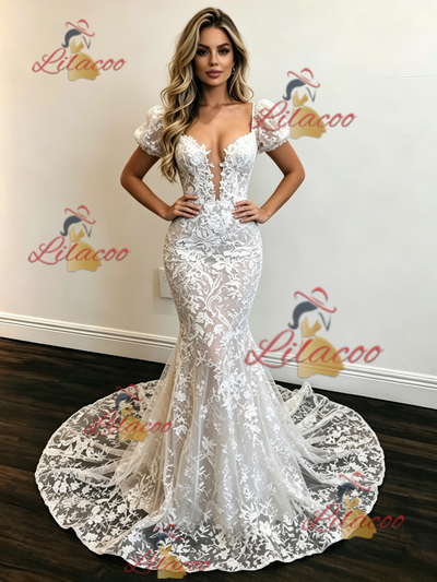 White Mermaid Lace Puff Sleeve Wedding Dress