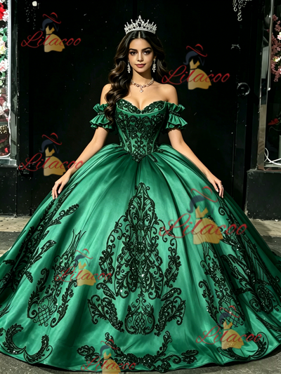 Green Satin Appliques Off the Shoulder Quinceanera Dress