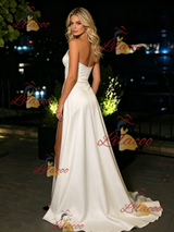 White Satin Strapless Split Prom Dress