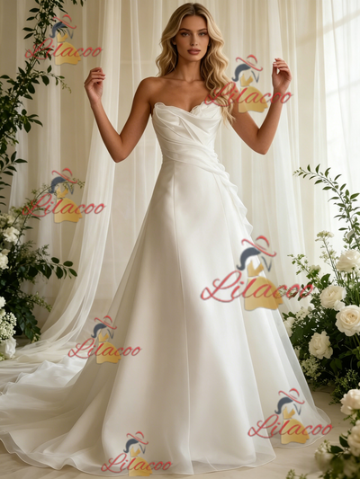 White Tulle Strapless Pleats Wedidng Dress