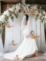 White Mermaid Long Sleeve Square Neck Wedding Dress