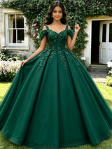 Green Tulle Off the Shoulder Appliques Quinceanera Dress